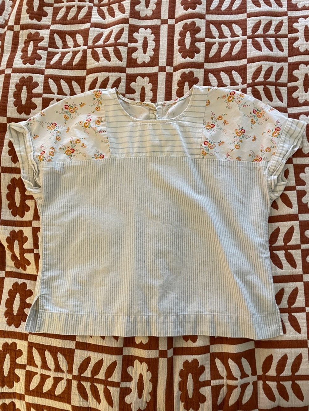 Madewell Light Blue and White Striped Short Sleeve Top with Floral Trim